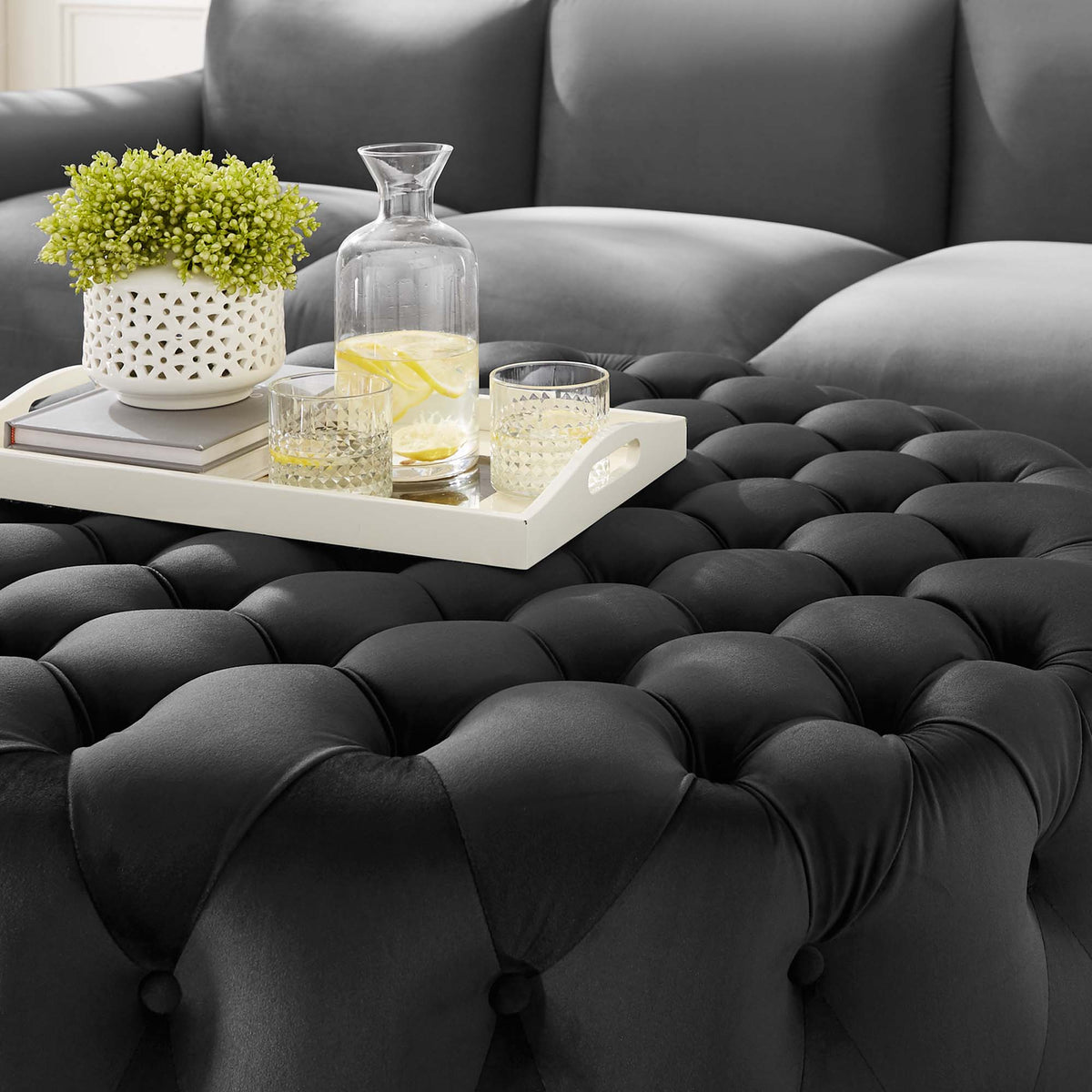 Amour Tufted Button Large Round Performance Velvet Ottoman - Black
