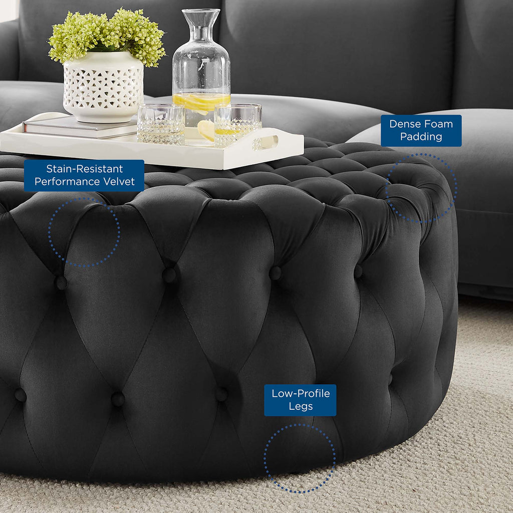 Amour Tufted Button Large Round Performance Velvet Ottoman - Black
