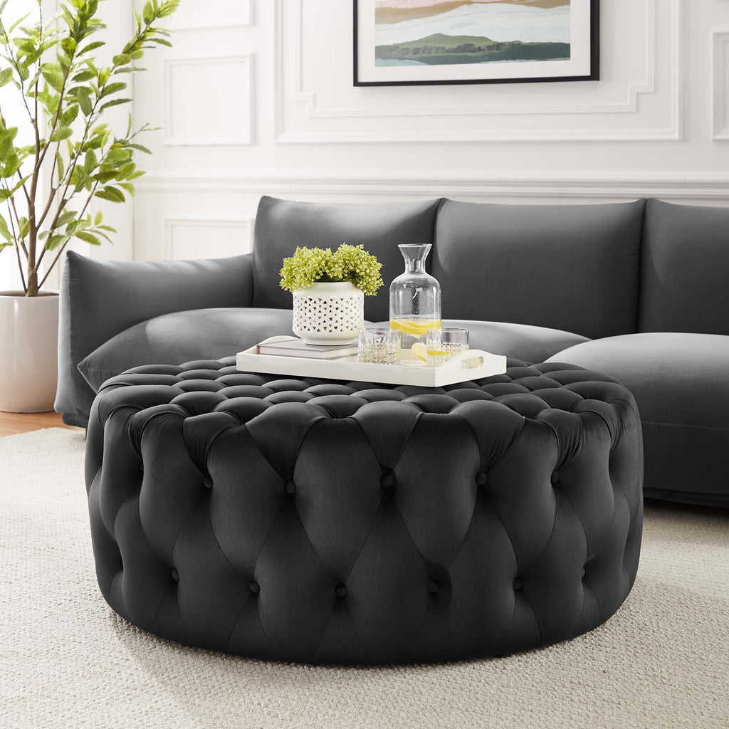 Amour Tufted Button Large Round Performance Velvet Ottoman - Black
