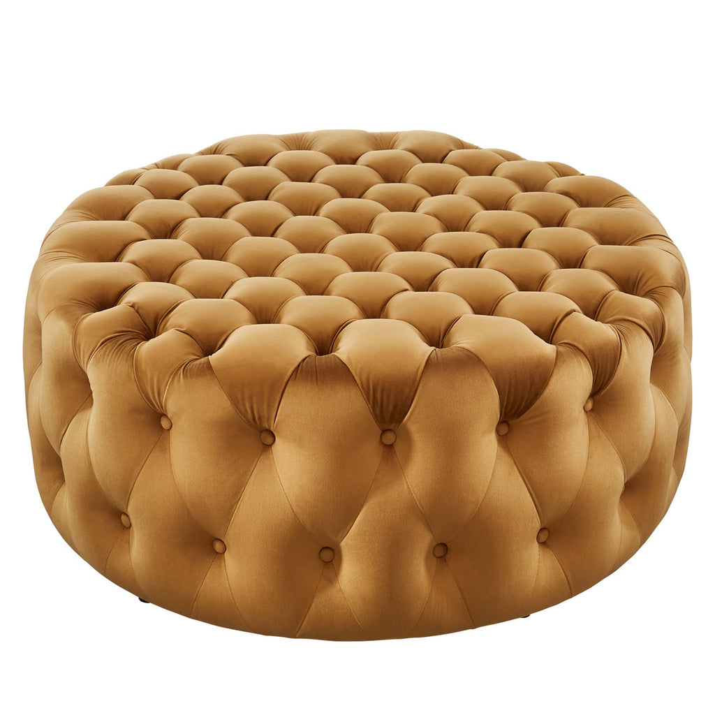 Amour Tufted Button Large Round Performance Velvet Ottoman - Cognac