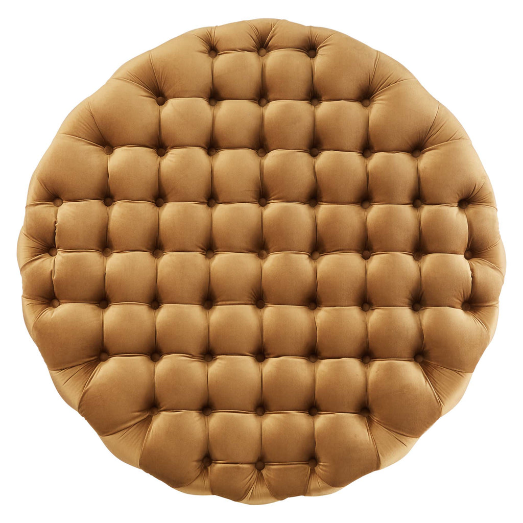 Amour Tufted Button Large Round Performance Velvet Ottoman - Cognac