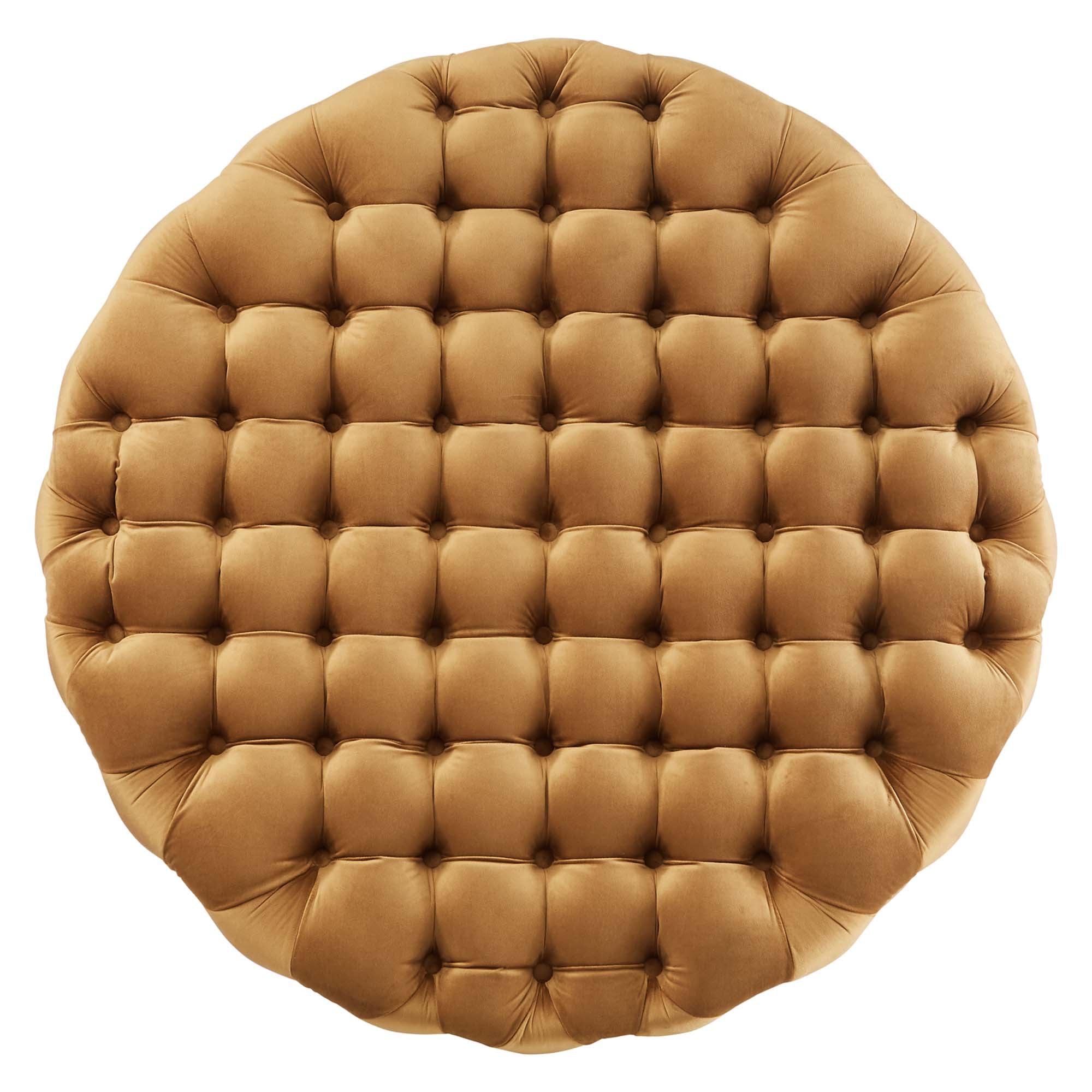 Amour Tufted Button Large Round Performance Velvet Ottoman - Cognac