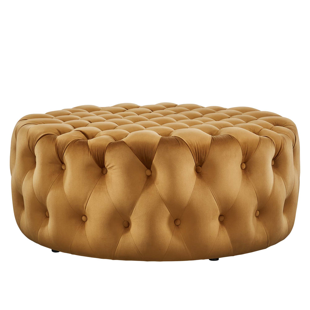 Amour Tufted Button Large Round Performance Velvet Ottoman - Cognac