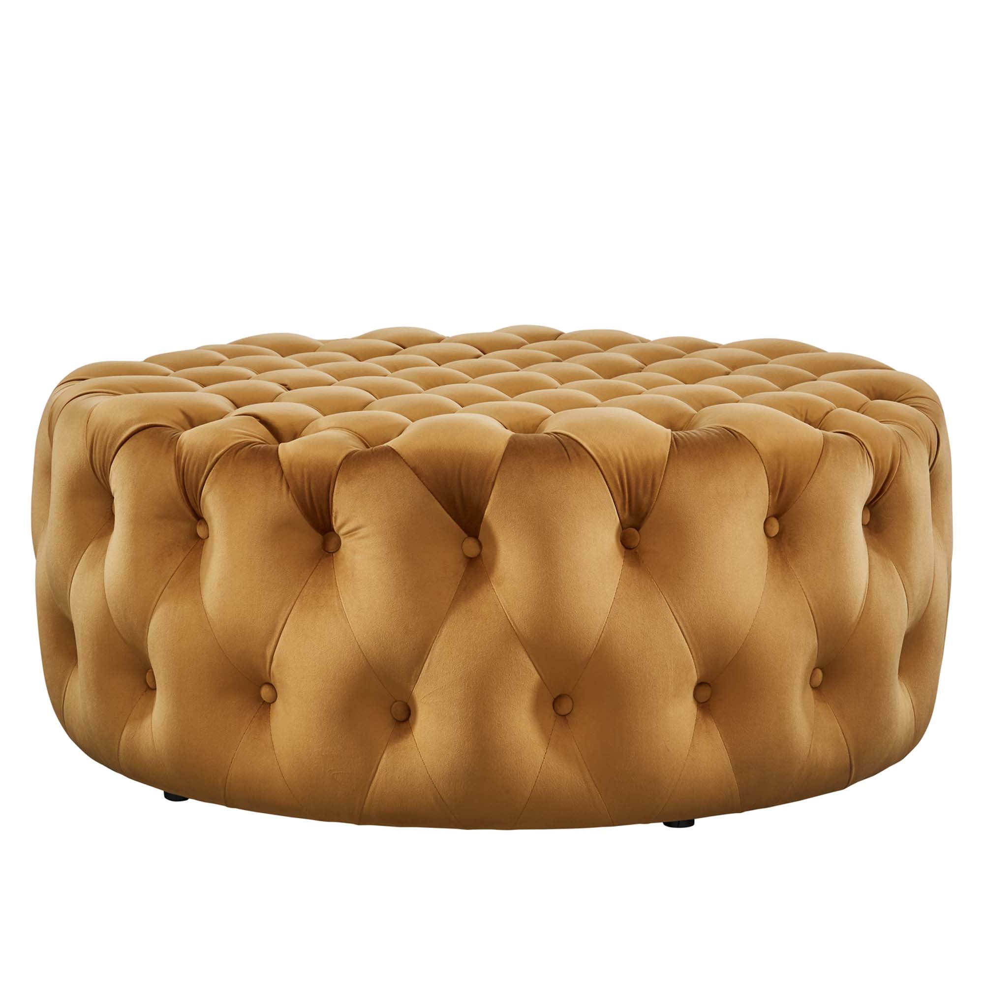Amour Tufted Button Large Round Performance Velvet Ottoman - Cognac