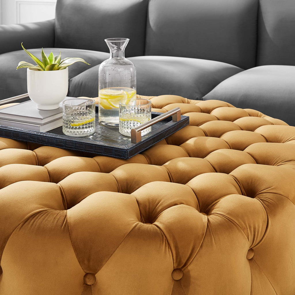 Amour Tufted Button Large Round Performance Velvet Ottoman - Cognac