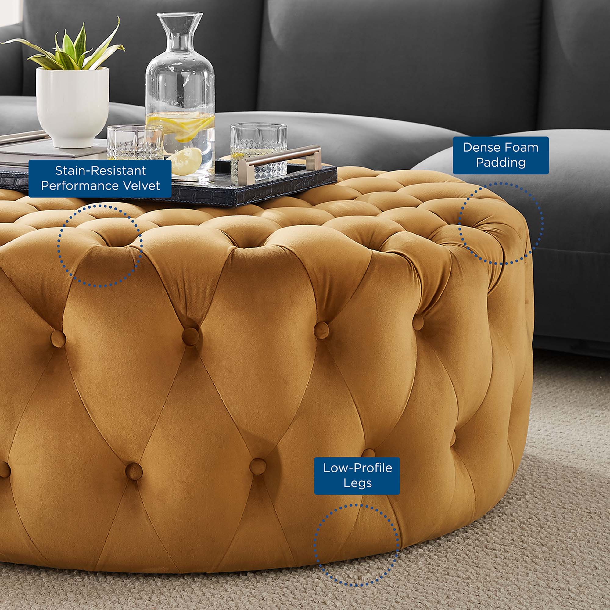Amour Tufted Button Large Round Performance Velvet Ottoman - Cognac