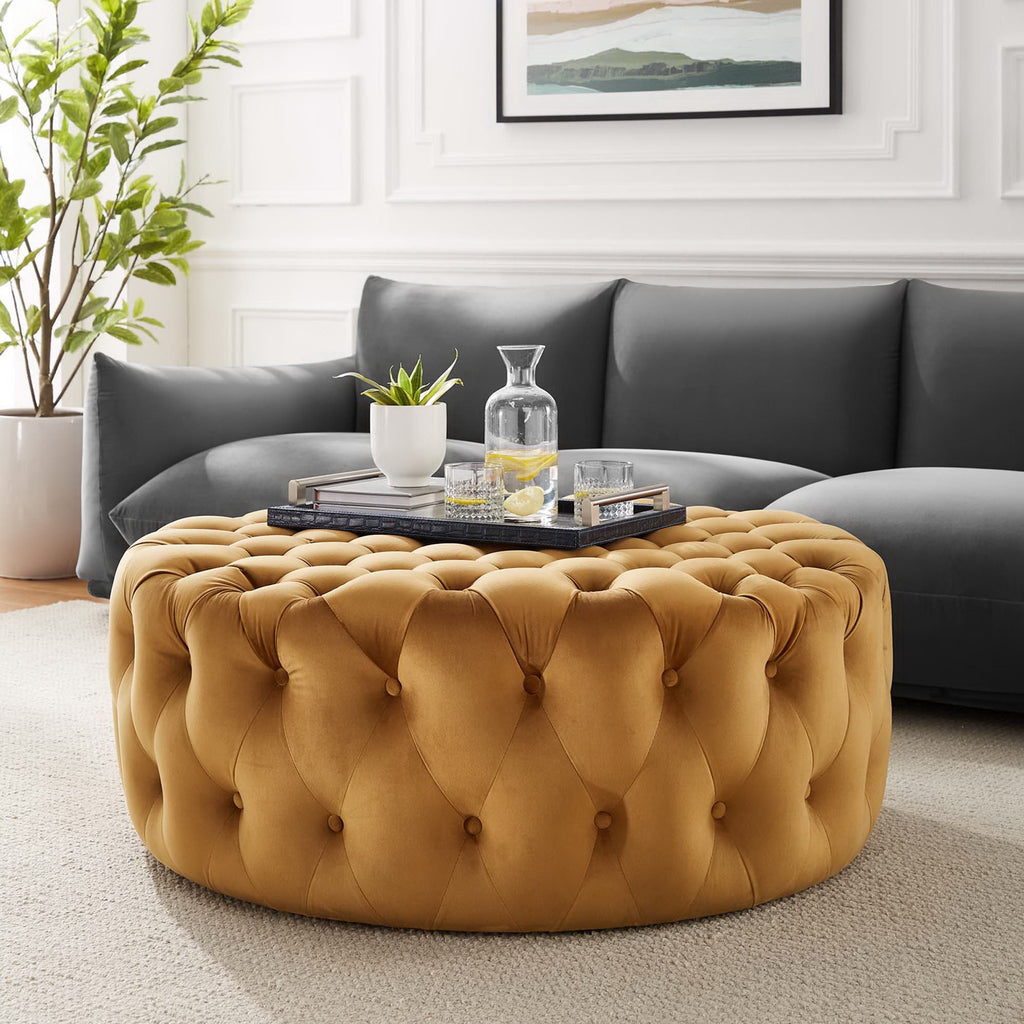 Amour Tufted Button Large Round Performance Velvet Ottoman - Cognac