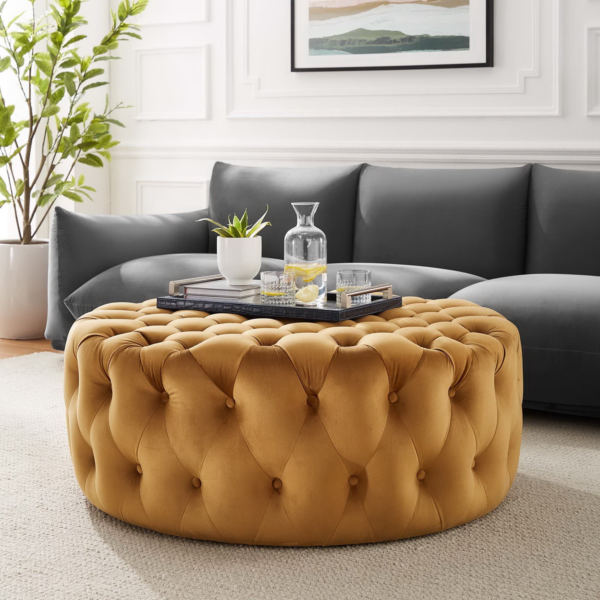 Amour Tufted Button Large Round Performance Velvet Ottoman - Cognac
