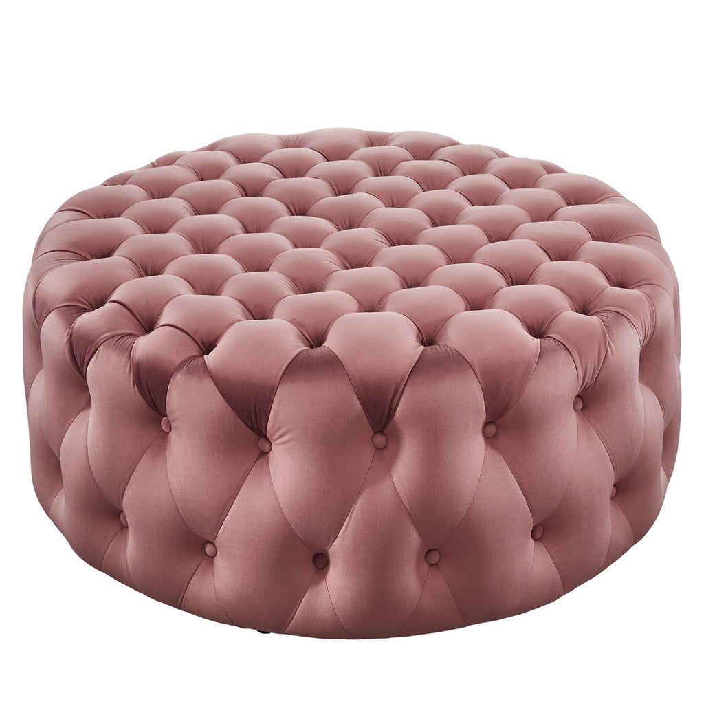 Amour Tufted Button Large Round Performance Velvet Ottoman - Dusty Rose