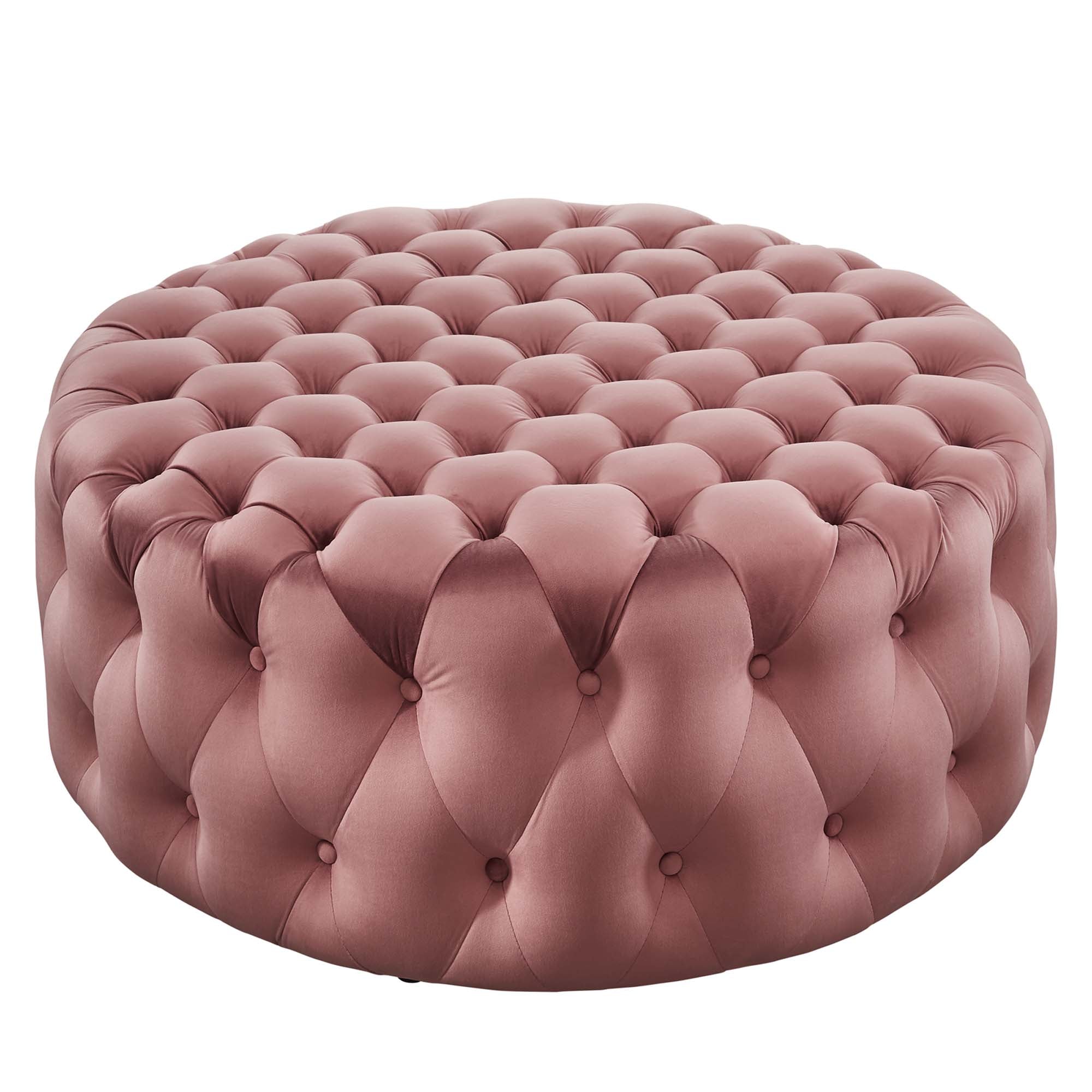 Amour Tufted Button Large Round Performance Velvet Ottoman - Dusty Rose