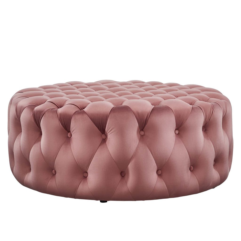 Amour Tufted Button Large Round Performance Velvet Ottoman - Dusty Rose
