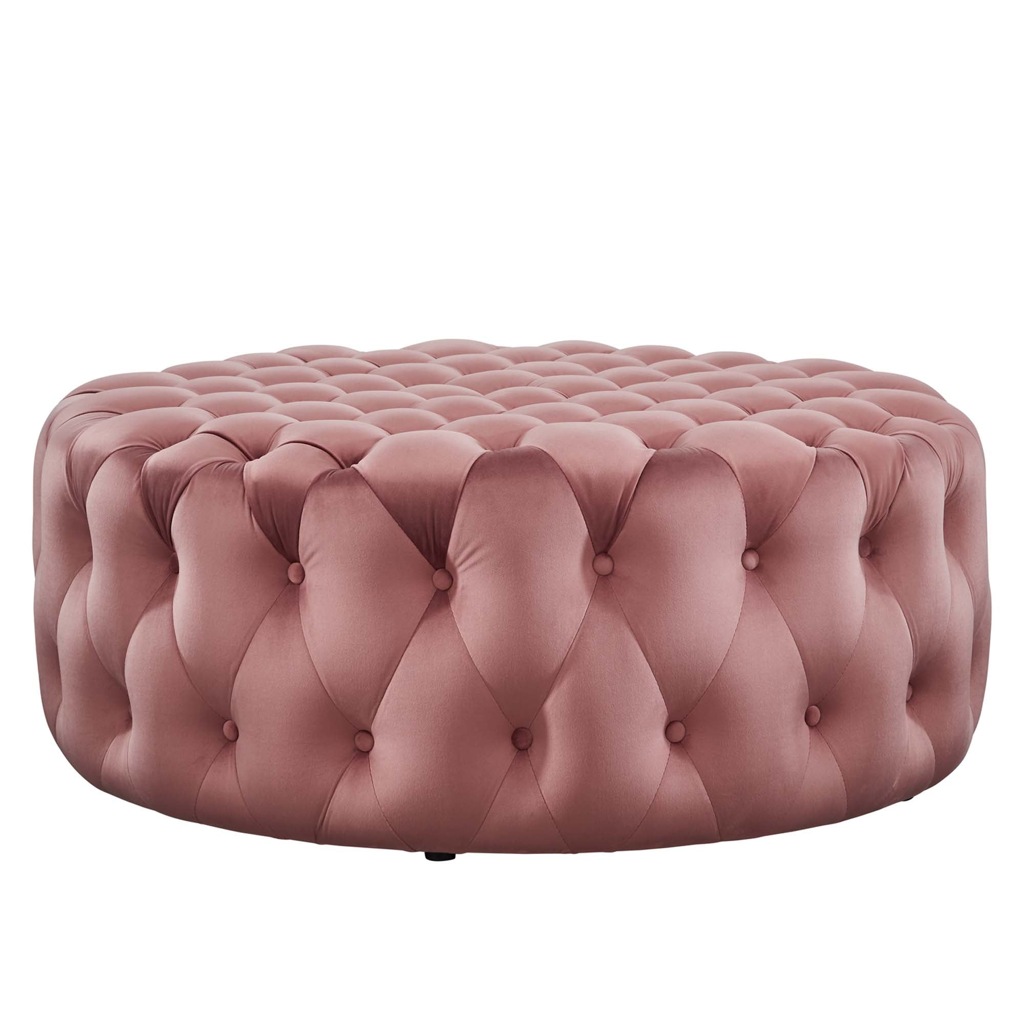 Amour Tufted Button Large Round Performance Velvet Ottoman - Dusty Rose