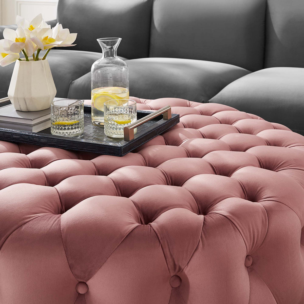 Amour Tufted Button Large Round Performance Velvet Ottoman - Dusty Rose