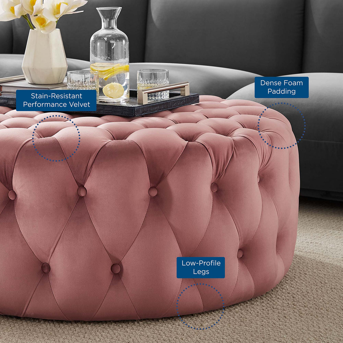 Amour Tufted Button Large Round Performance Velvet Ottoman - Dusty Rose