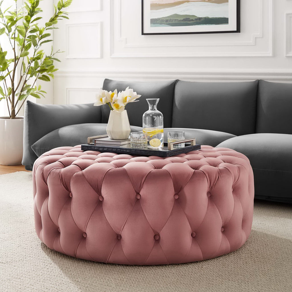 Amour Tufted Button Large Round Performance Velvet Ottoman - Dusty Rose