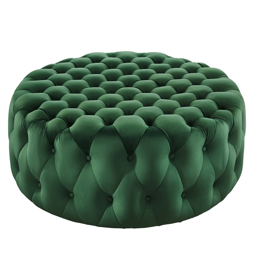 Amour Tufted Button Large Round Performance Velvet Ottoman - Emerald