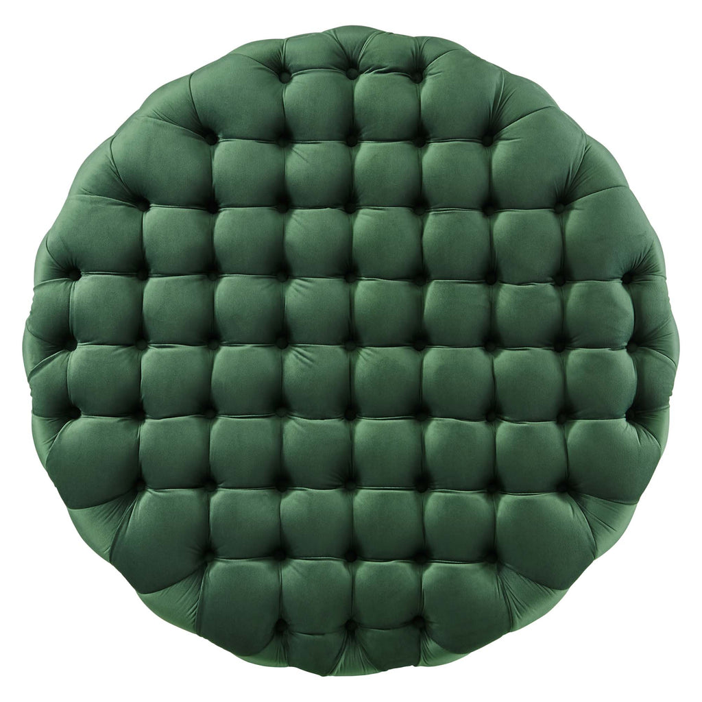Amour Tufted Button Large Round Performance Velvet Ottoman - Emerald