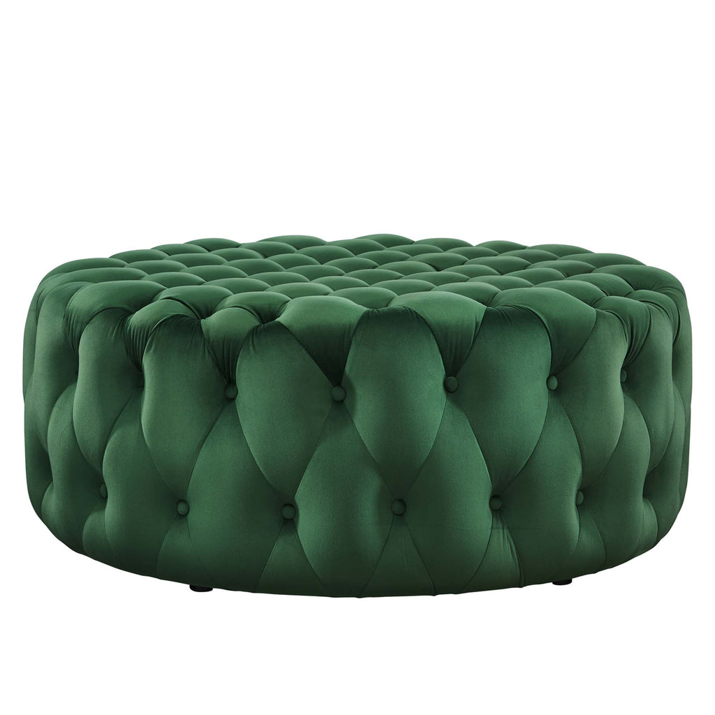 Amour Tufted Button Large Round Performance Velvet Ottoman - Emerald