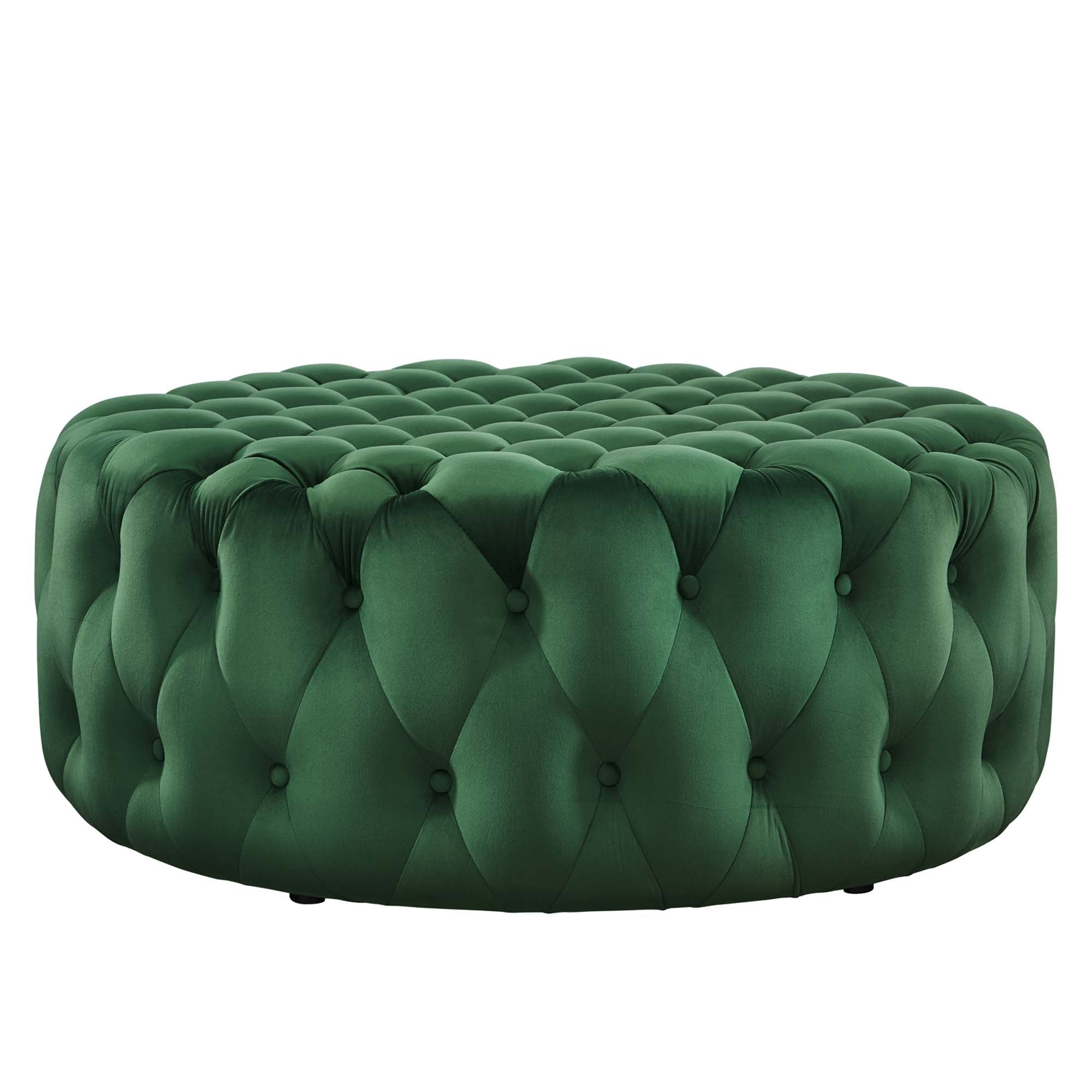Amour Tufted Button Large Round Performance Velvet Ottoman - Emerald