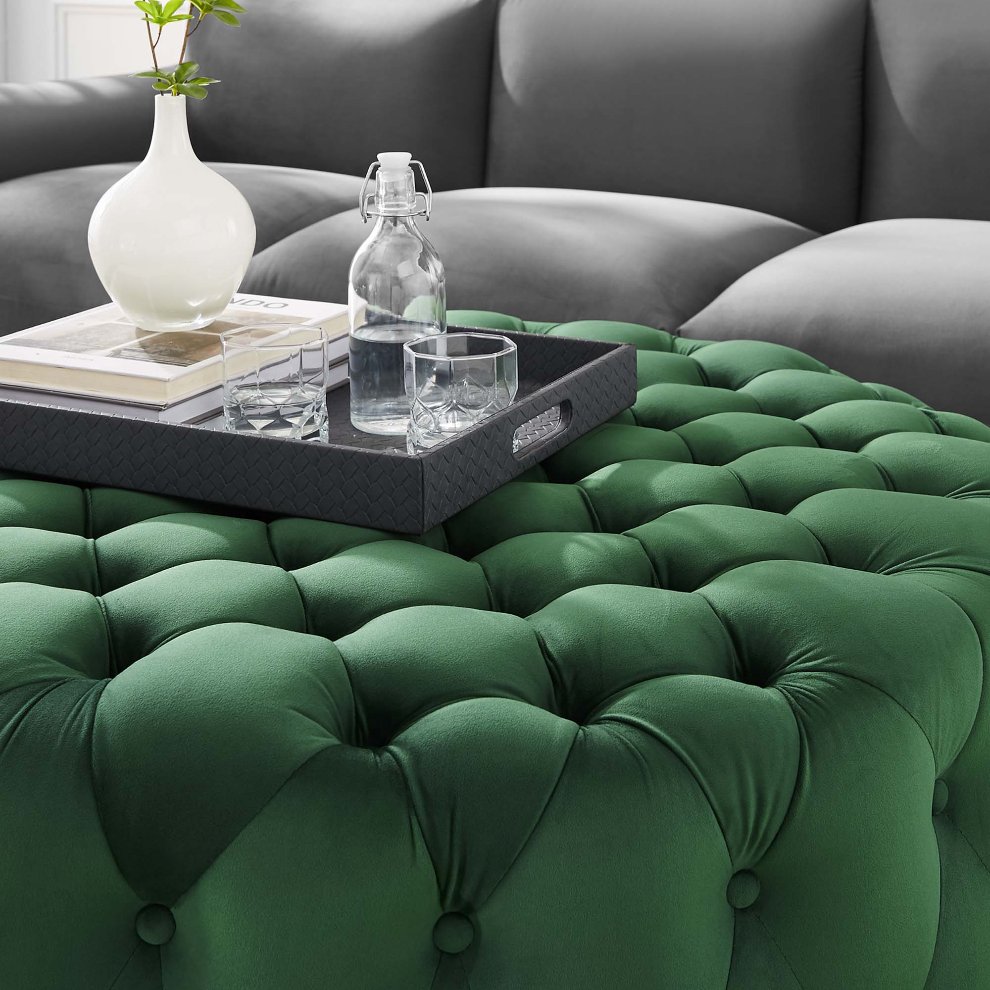 Amour Tufted Button Large Round Performance Velvet Ottoman - Emerald