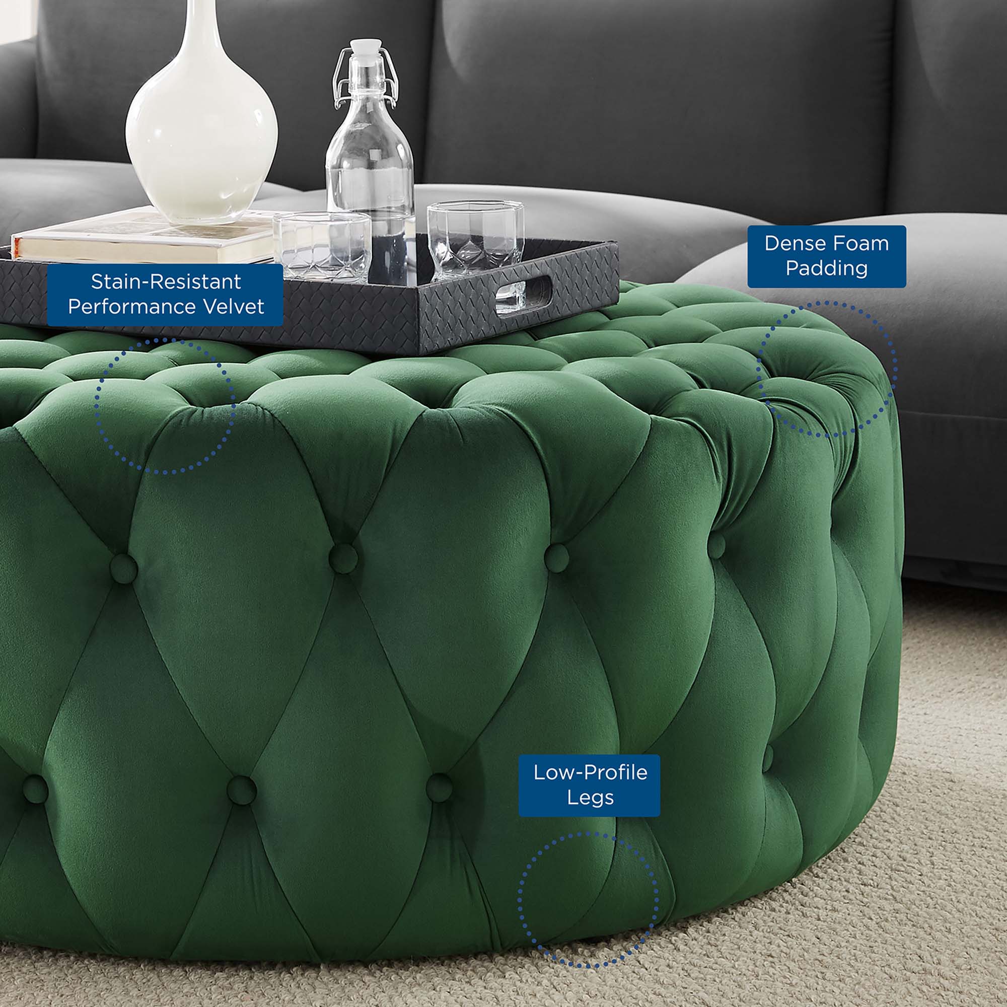 Amour Tufted Button Large Round Performance Velvet Ottoman - Emerald
