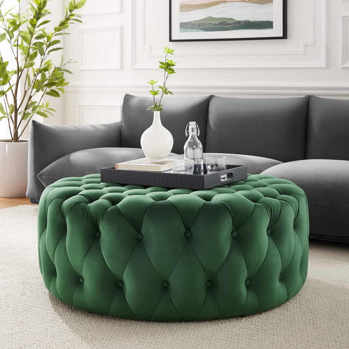 Amour Tufted Button Large Round Performance Velvet Ottoman - Emerald