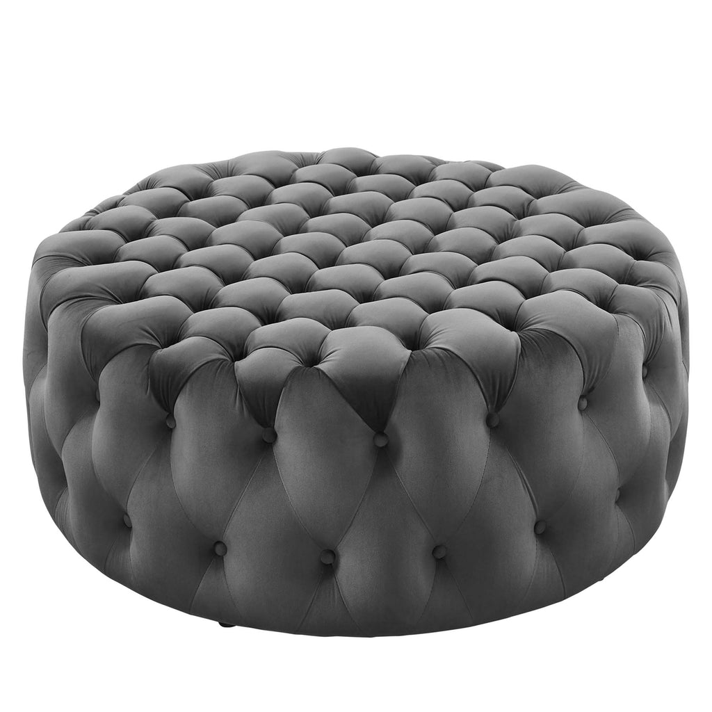 Amour Tufted Button Large Round Performance Velvet Ottoman - Gray