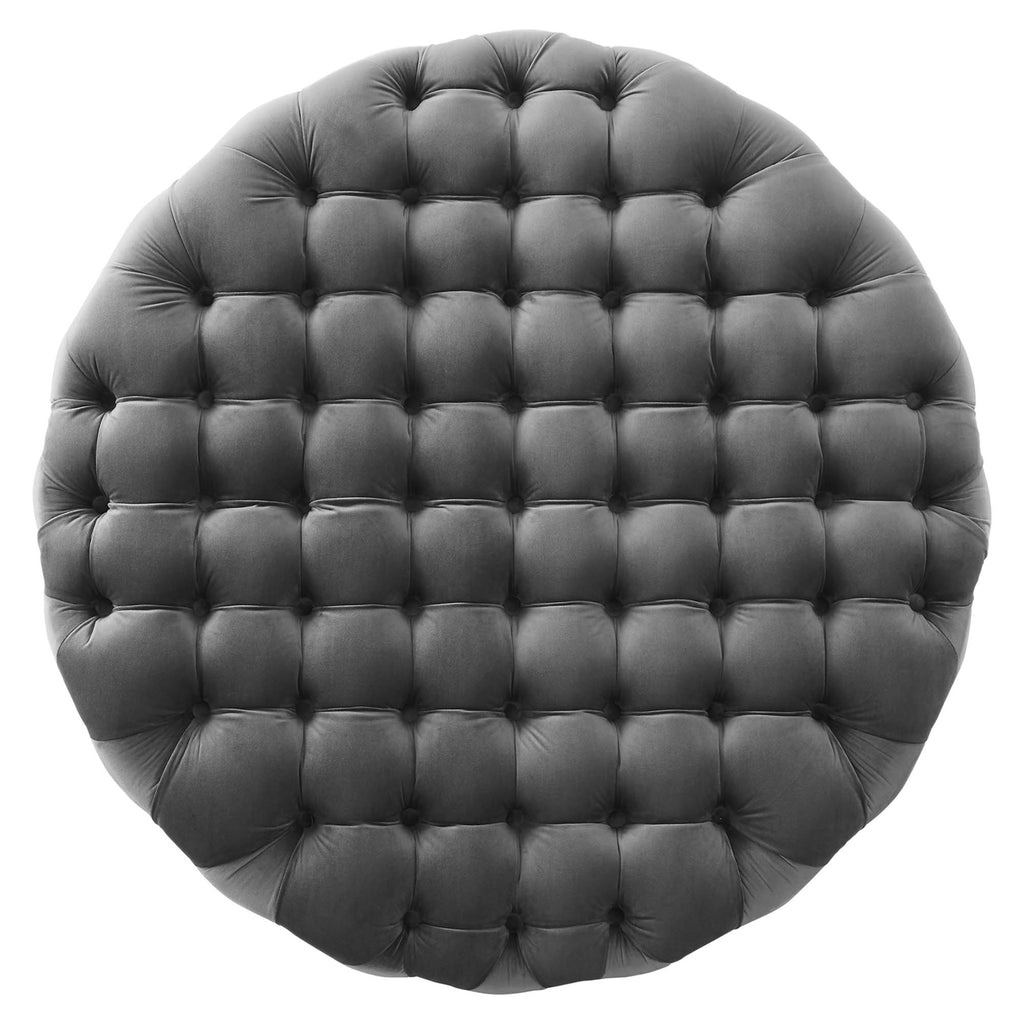 Amour Tufted Button Large Round Performance Velvet Ottoman - Gray