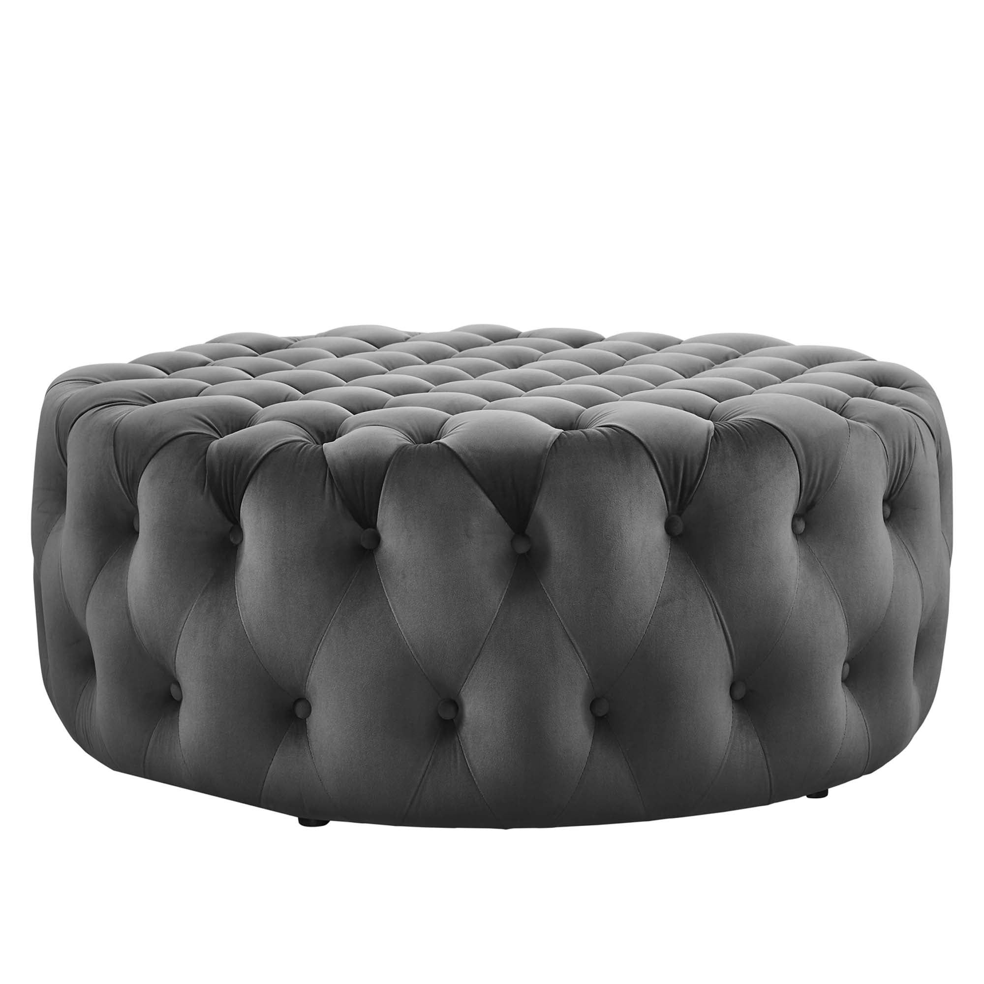 Amour Tufted Button Large Round Performance Velvet Ottoman - Gray