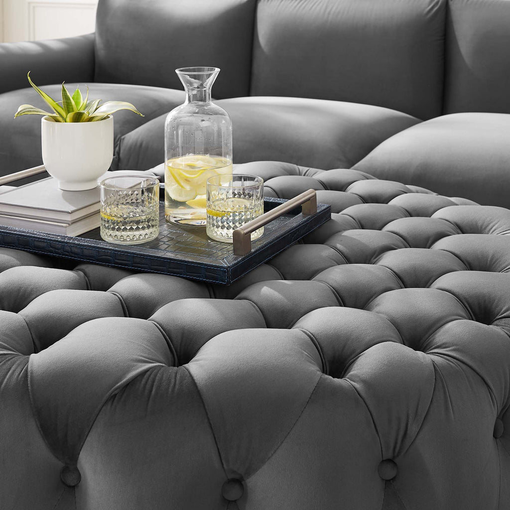 Amour Tufted Button Large Round Performance Velvet Ottoman - Gray