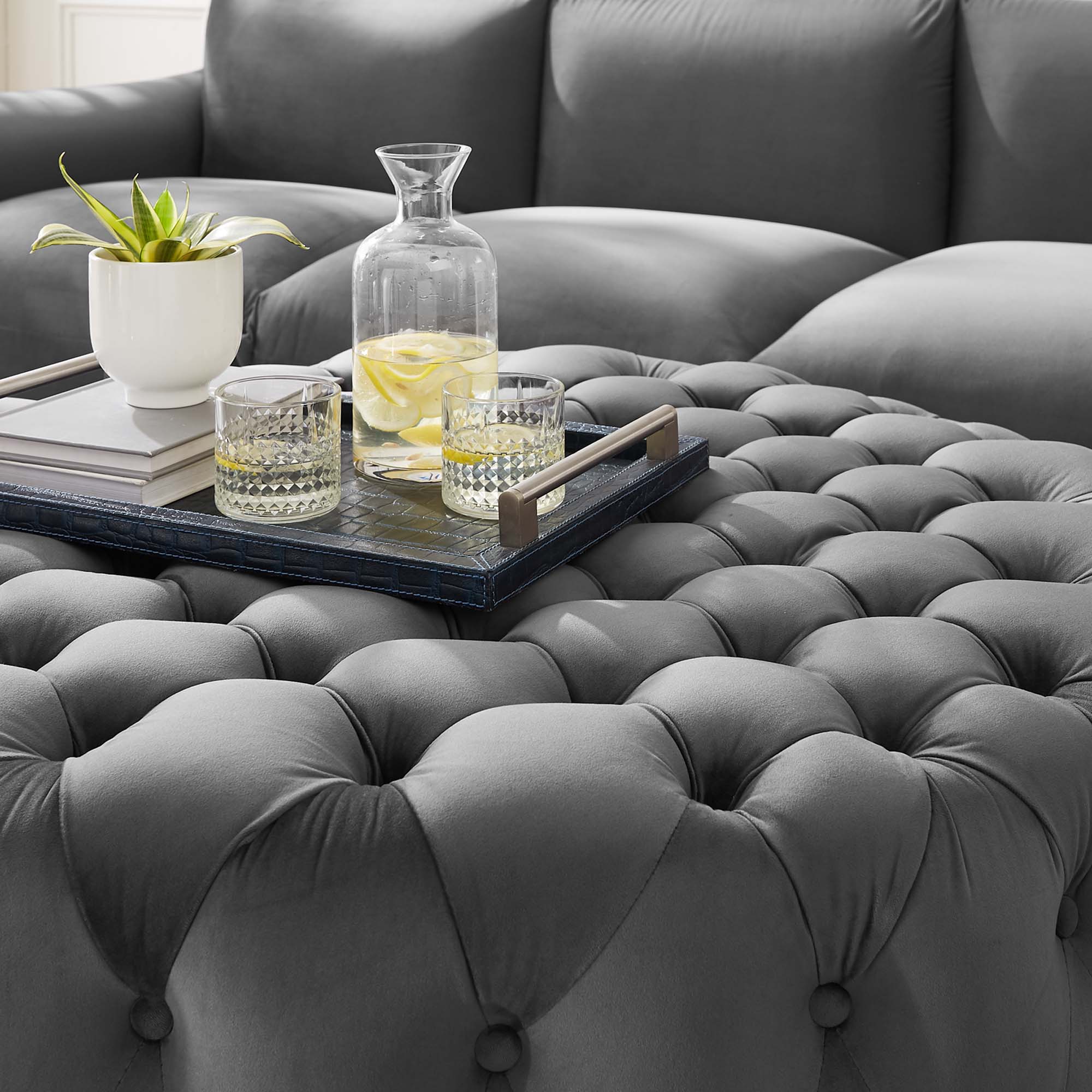 Amour Tufted Button Large Round Performance Velvet Ottoman - Gray