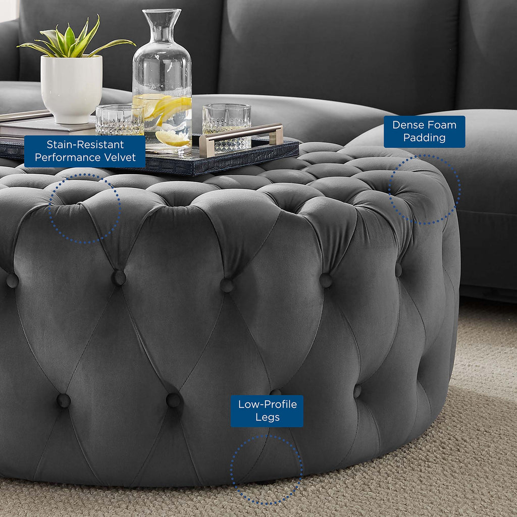 Amour Tufted Button Large Round Performance Velvet Ottoman - Gray