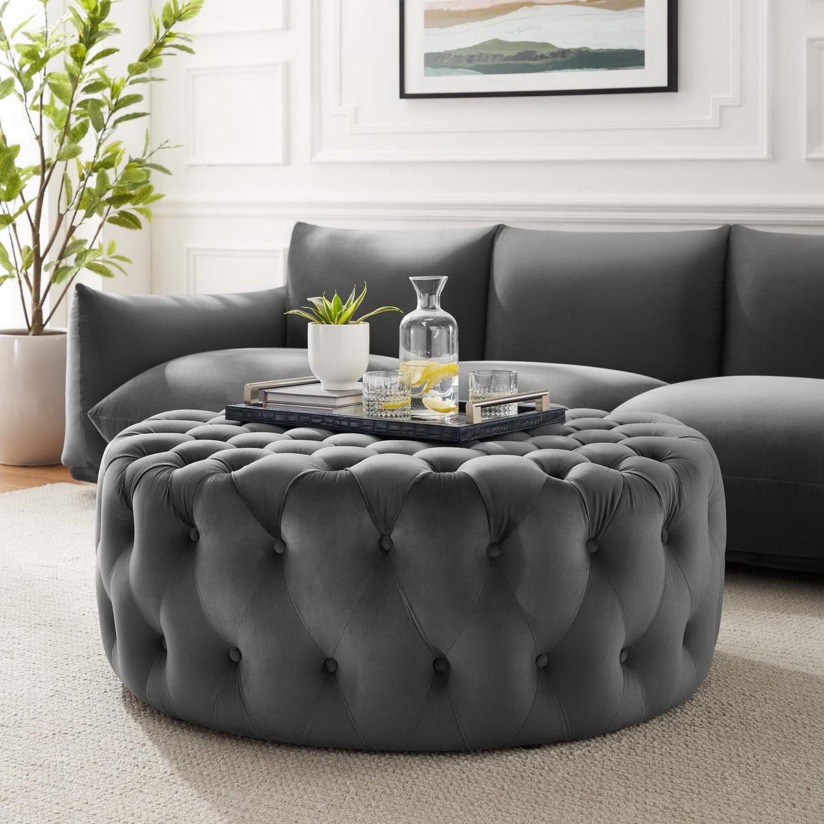 Amour Tufted Button Large Round Performance Velvet Ottoman - Gray