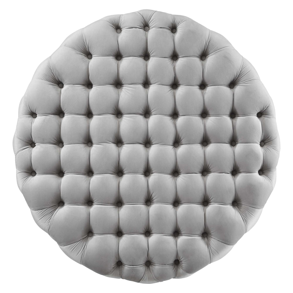 Amour Tufted Button Large Round Performance Velvet Ottoman - Light Gray