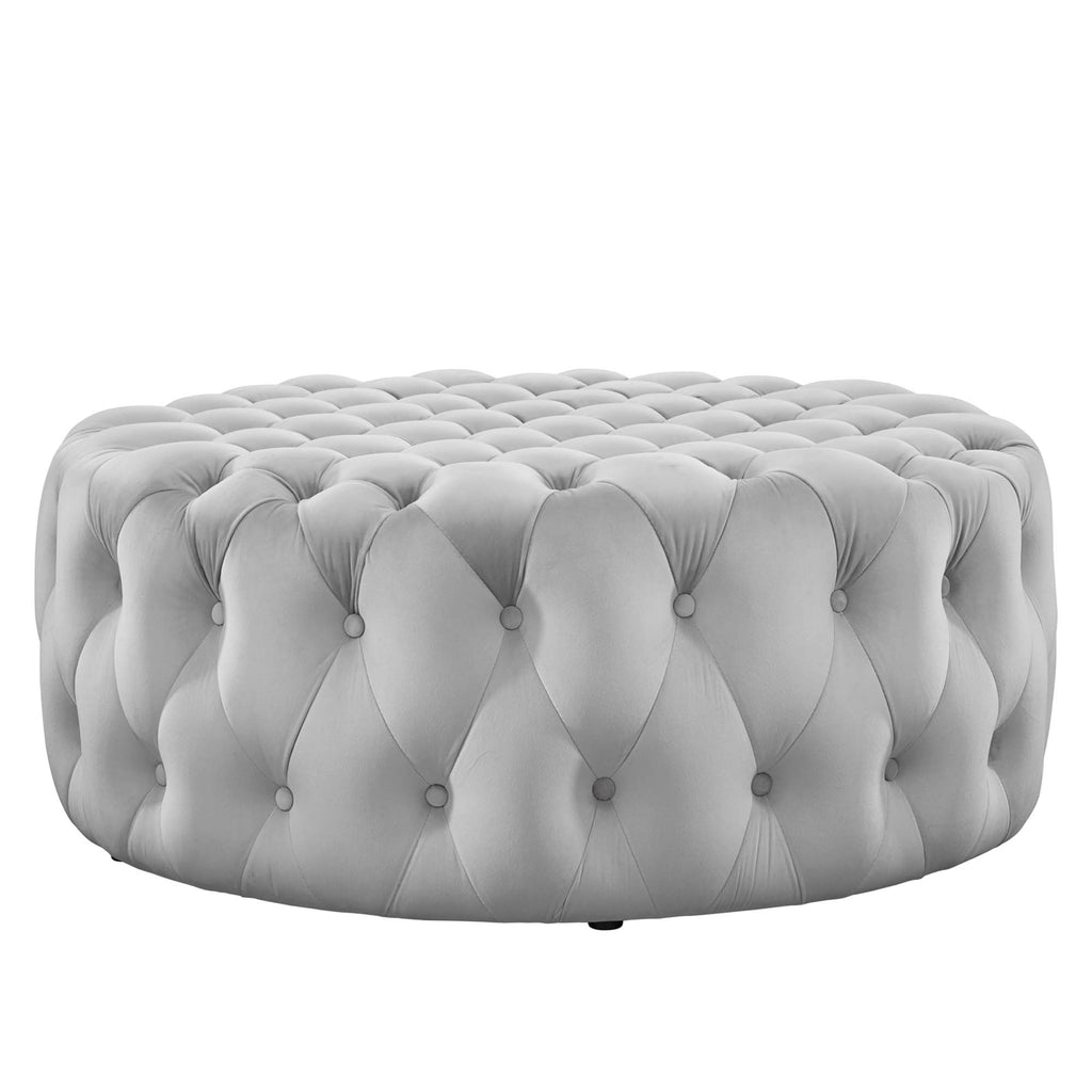 Amour Tufted Button Large Round Performance Velvet Ottoman - Light Gray