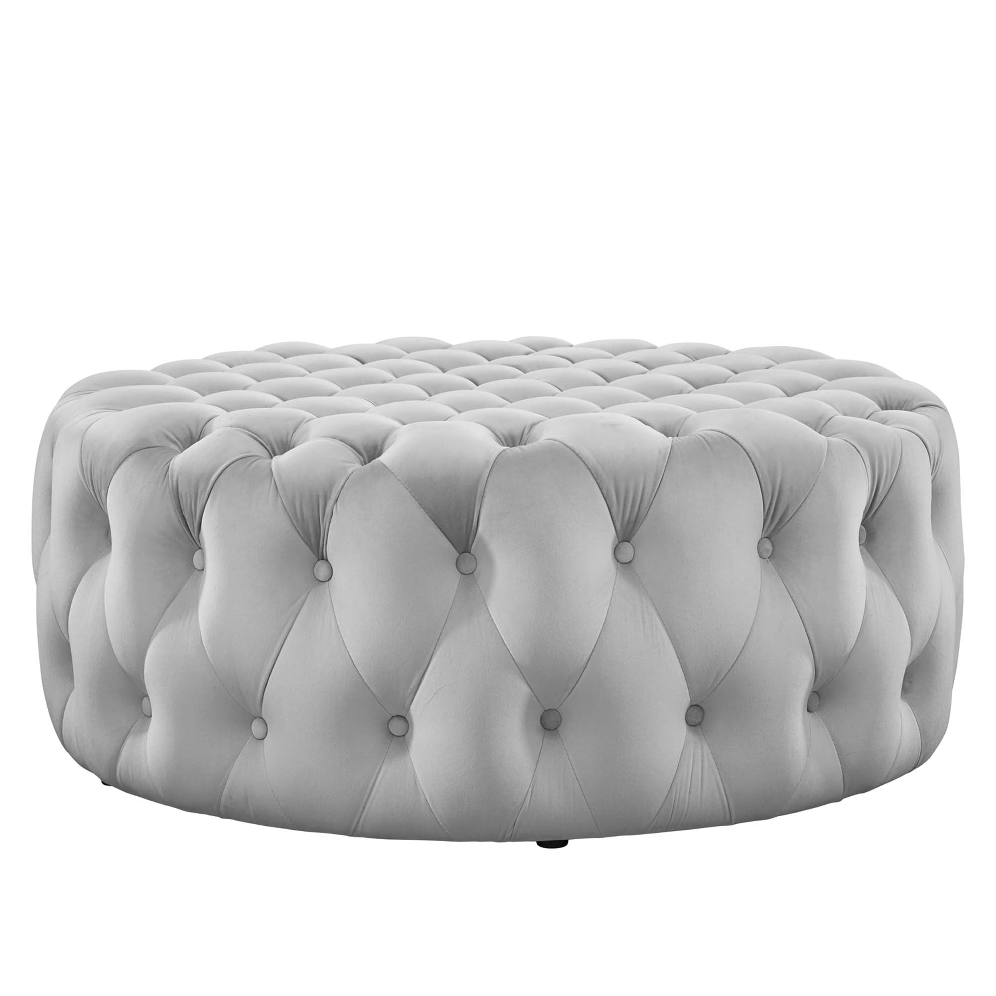 Amour Tufted Button Large Round Performance Velvet Ottoman - Light Gray