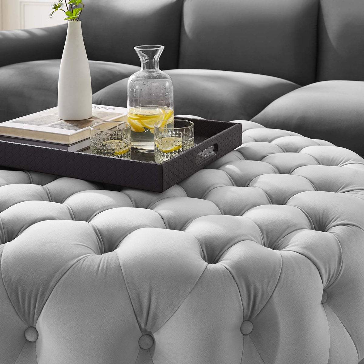 Amour Tufted Button Large Round Performance Velvet Ottoman - Light Gray