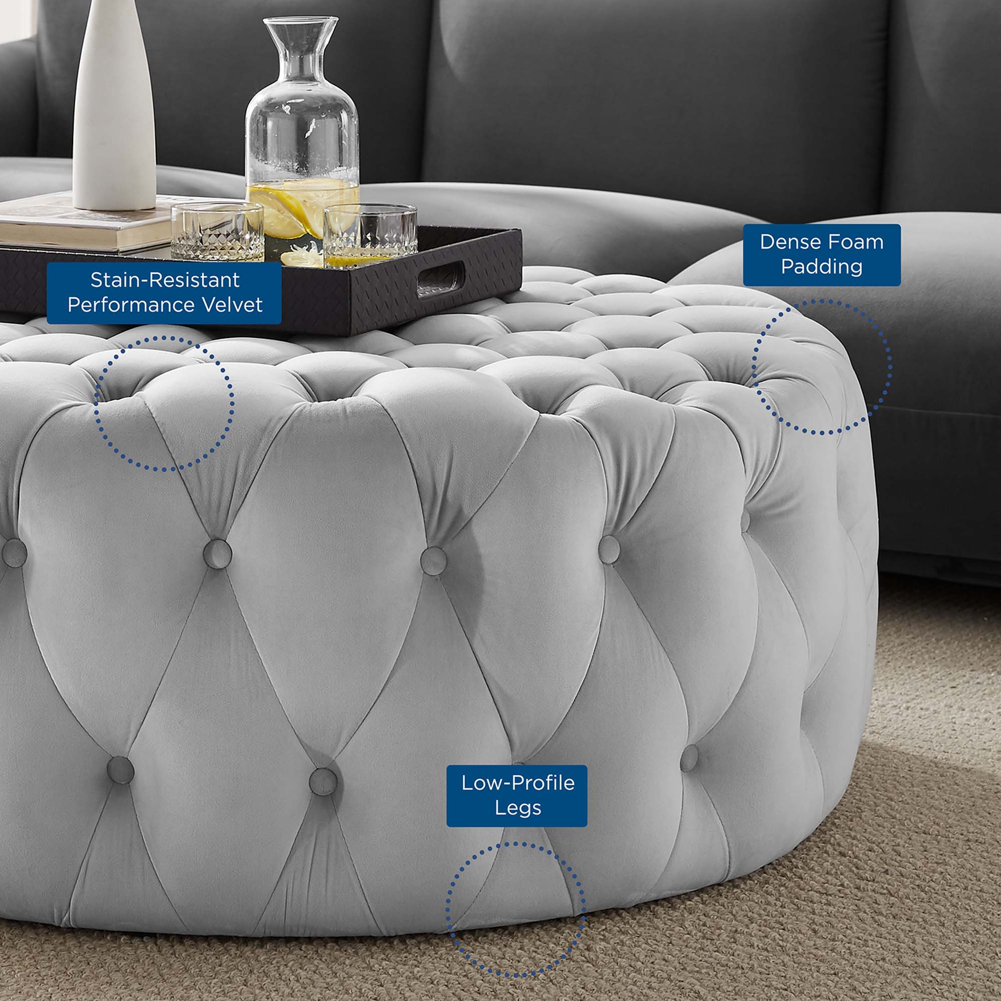 Amour Tufted Button Large Round Performance Velvet Ottoman - Light Gray
