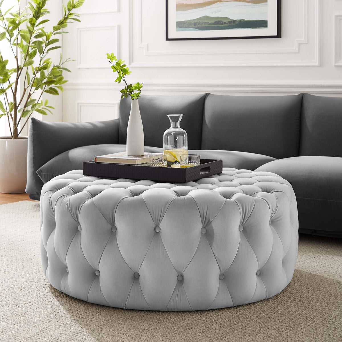 Amour Tufted Button Large Round Performance Velvet Ottoman - Light Gray