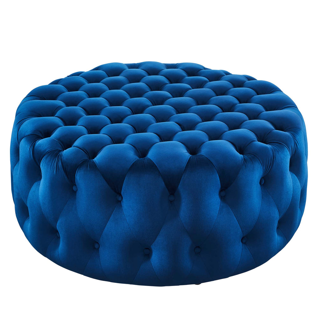 Amour Tufted Button Large Round Performance Velvet Ottoman - Navy