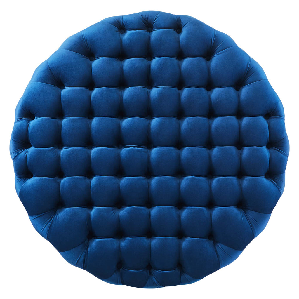Amour Tufted Button Large Round Performance Velvet Ottoman - Navy