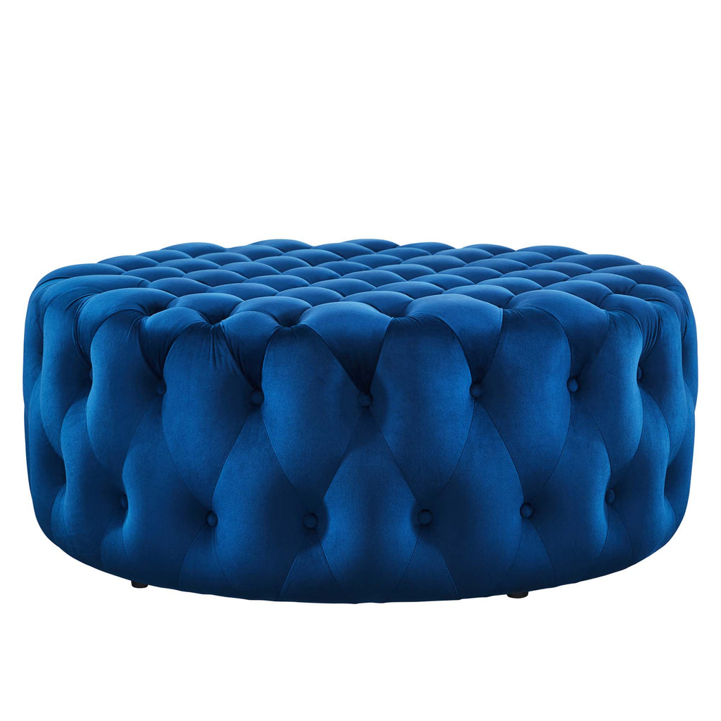 Amour Tufted Button Large Round Performance Velvet Ottoman - Navy