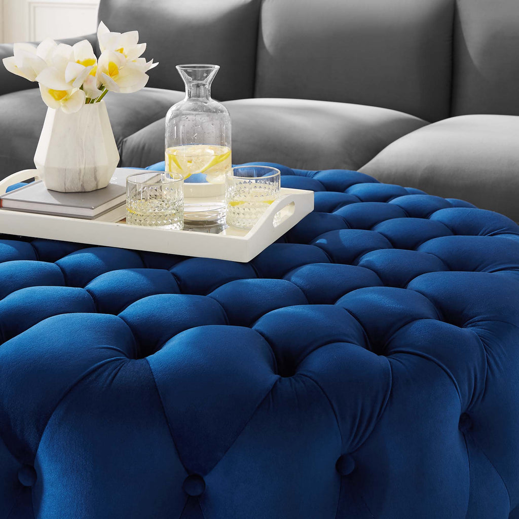 Amour Tufted Button Large Round Performance Velvet Ottoman - Navy