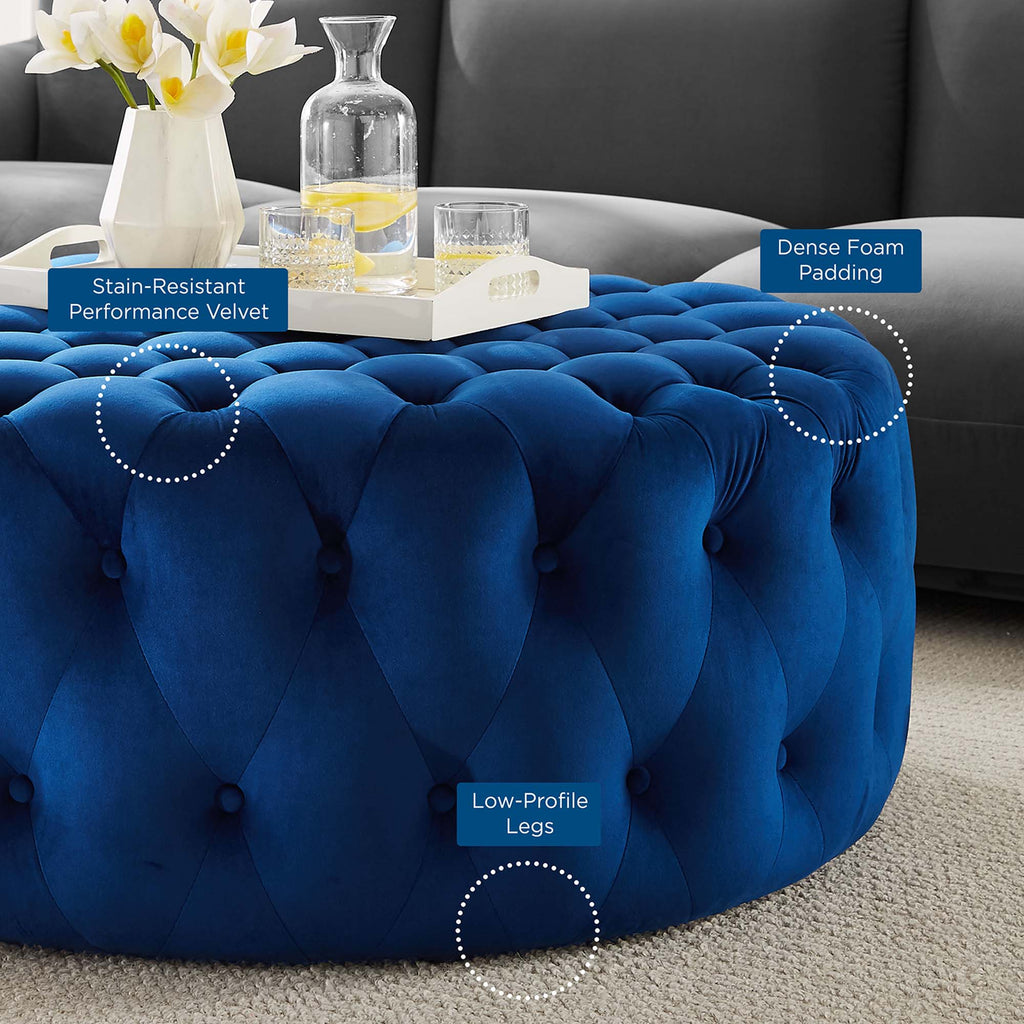 Amour Tufted Button Large Round Performance Velvet Ottoman - Navy