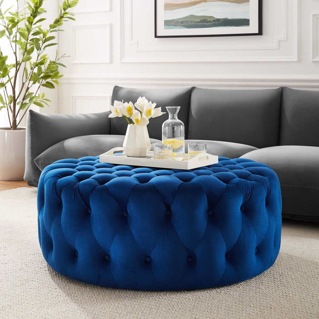 Amour Tufted Button Large Round Performance Velvet Ottoman - Navy