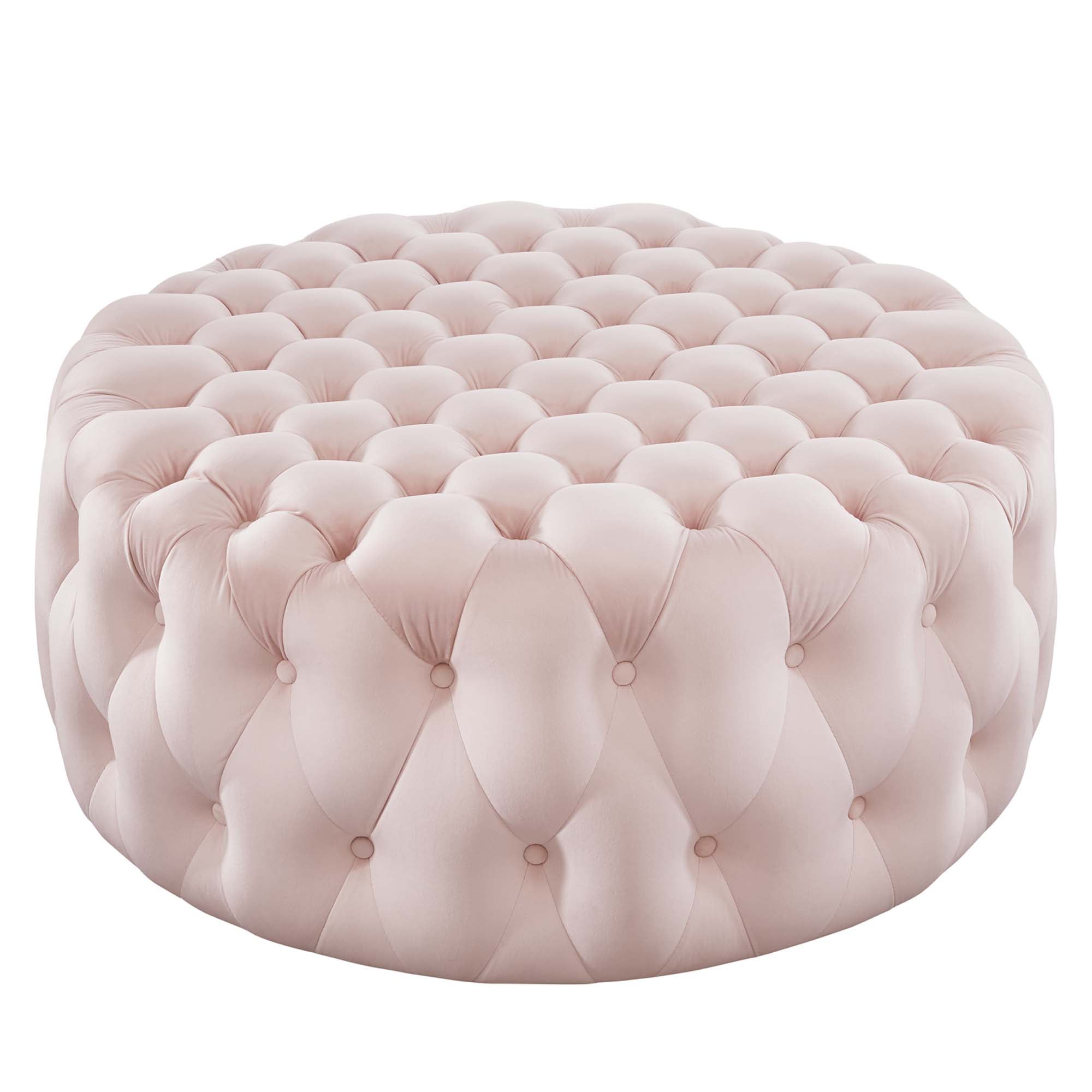 Amour Tufted Button Large Round Performance Velvet Ottoman - Pink
