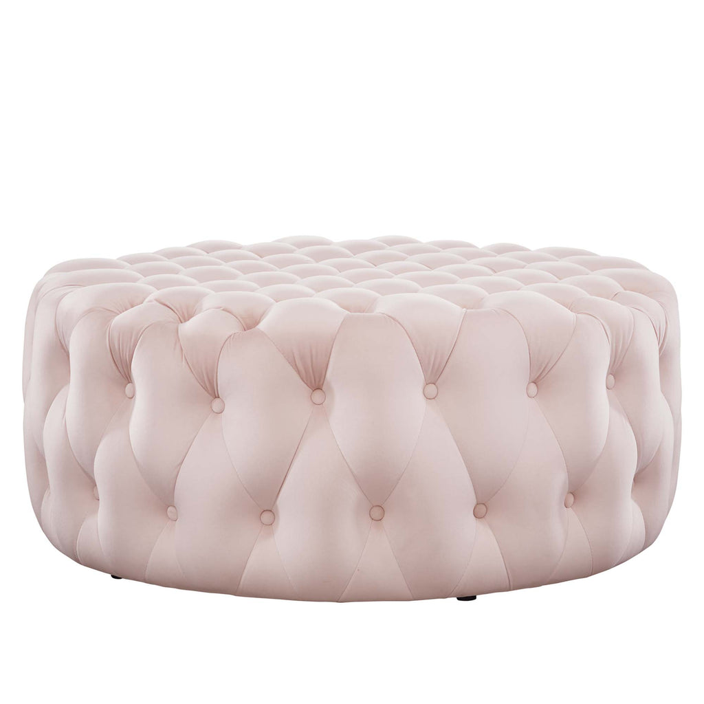 Amour Tufted Button Large Round Performance Velvet Ottoman - Pink