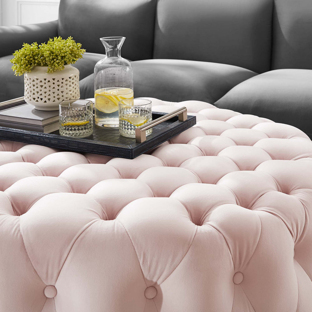 Amour Tufted Button Large Round Performance Velvet Ottoman - Pink