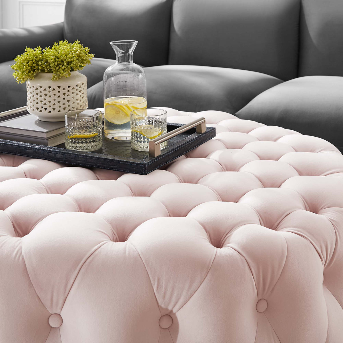 Amour Tufted Button Large Round Performance Velvet Ottoman - Pink
