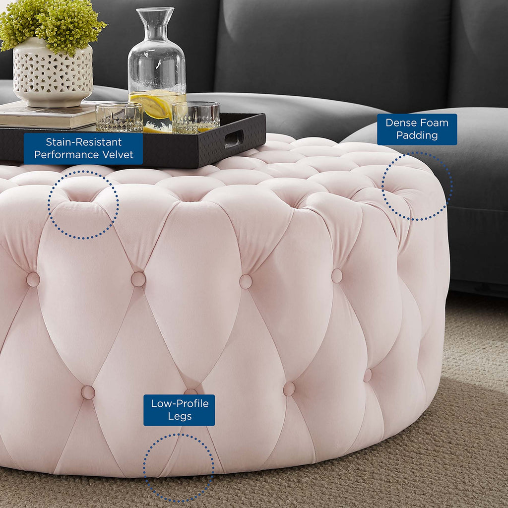 Amour Tufted Button Large Round Performance Velvet Ottoman - Pink